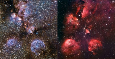 This image compares infrared and visible views of the Cat’s Paw Nebula. The visible light image (right) was taken with the Wide Field Imager on the 2.2-metre MPG/ESO telescope at La Silla in Chile (eso1003). The new infrared image (left) was taken with the VISTA telescope at ESO’s Paranal Observatory. In the infrared, the dust that obscures many stars becomes nearly transparent, revealing a whole host of new stars that are otherwise invisible.