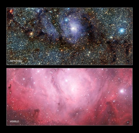 This image compares infrared and visible views of the Lagoon Nebula (Messier 8). The visible light image (lower) was taken with the Wide Field Imager on the MPG/ESO 2.2-metre telescope at La Silla in Chile. The new infrared image (upper) was taken with the VISTA telescope at ESO’s Paranal Observatory. In the infrared, the rich dust clouds become more transparent and the gas clouds less conspicuous. A whole host of cool red stars that are otherwise invisible can be seen.