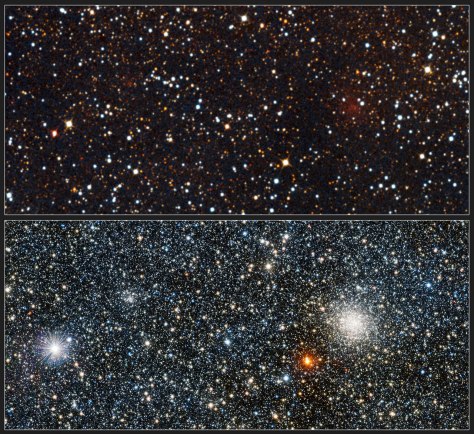   This picture shows a comparison of the view of the newly discovered globular cluster VVV CL001 in visible (upper) and infrared light (lower). The infrared view, from the VISTA telescope, shows the new cluster very clearly for the first time and allows many of the component stars to be studied. The visible-light version was created from photographs taken through blue, red and infrared filters and forming part of the Digitized Sky Survey 2. The better-known and brighter globular cluster UKS 1 appears on the right.